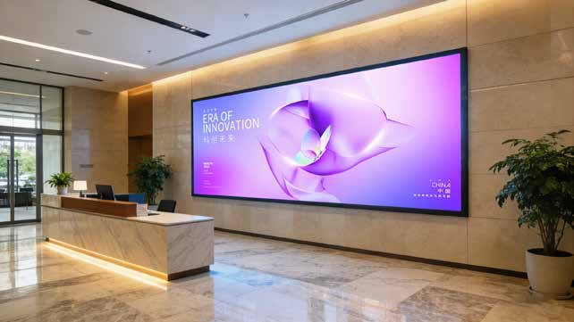 Clario Shield wide LED display in an office lobby