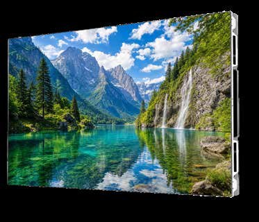 Clario Slim ultra-thin all-in-one LED display showing a mountain lake landscape