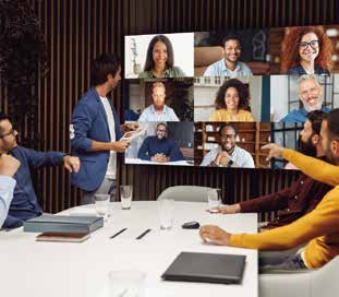 Engage Board running a video conference with remote participants on screen