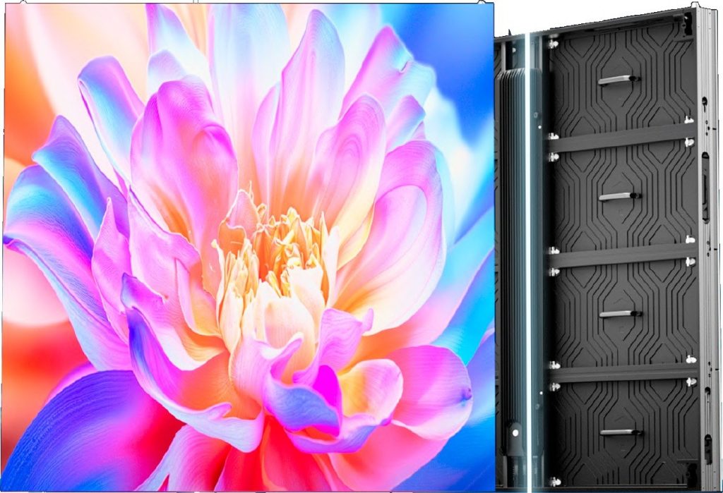 Horizon Blaze outdoor LED display with cabinet stack beside a floral image