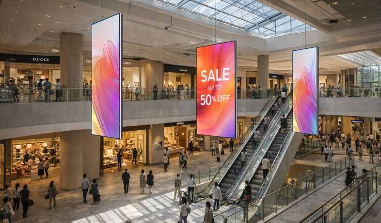 Muse Duo double-sided LED displays suspended above a shopping mall atrium