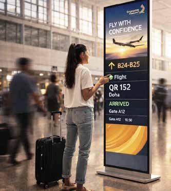 Traveller reading a Muse Duo wayfinding display in an airport terminal