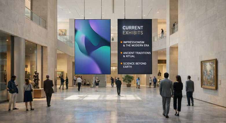 Muse Duo freestanding display in a corporate atrium showing an exhibition notice